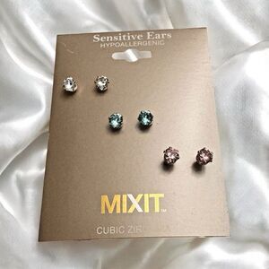 MIXIT Stud Earrings Set – 3 Pairs Cubic Zirconia – Hypoallergenic for Sensitive
